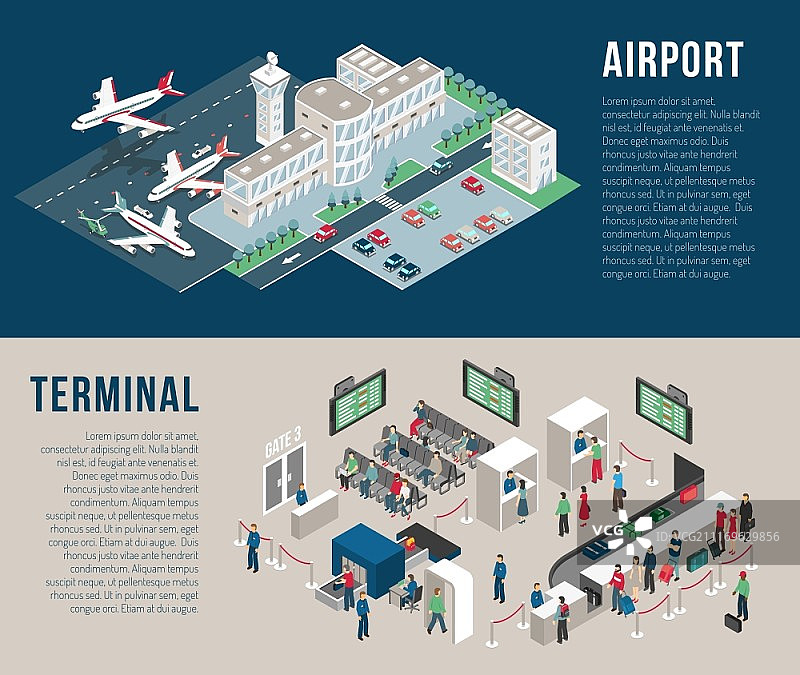 机场2.5D横幅：含停车场酒店候机厅等矢量横幅图片素材
