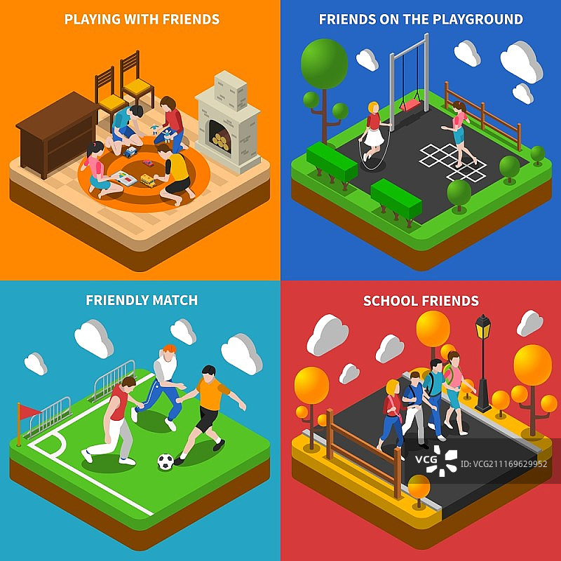 朋友们玩耍2.5D图标构图图片素材