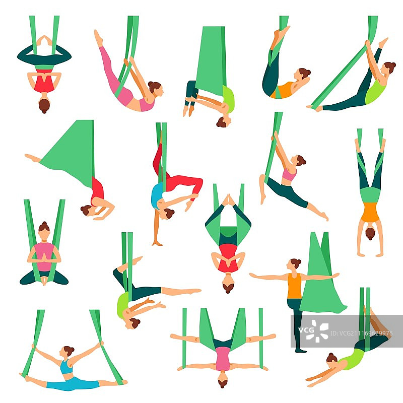 空中瑜伽装饰图标集：年轻女孩在特殊的吊床中进行反重力瑜伽练习图片素材