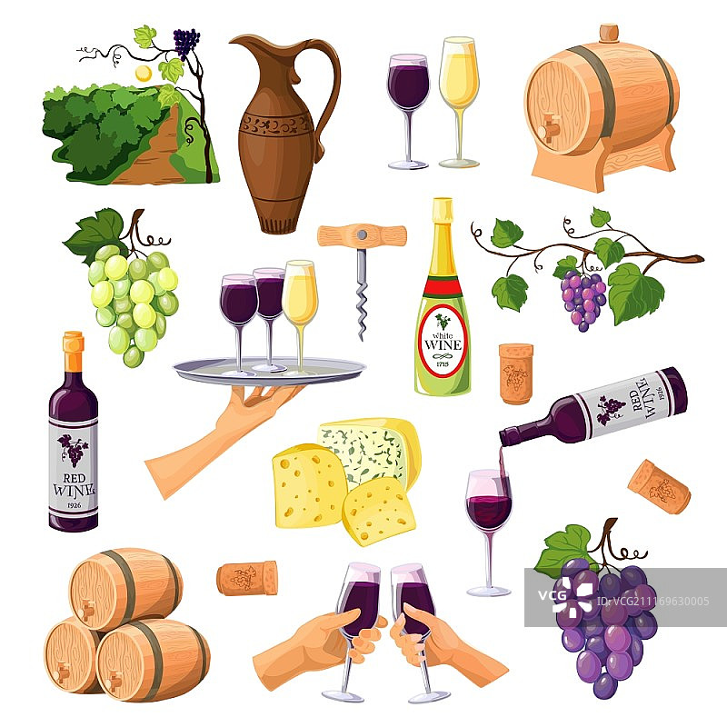白色背景上的彩色葡萄酒图标集：包含红葡萄酒、白葡萄酒、酒壶和酒桶的平面矢量图图片素材