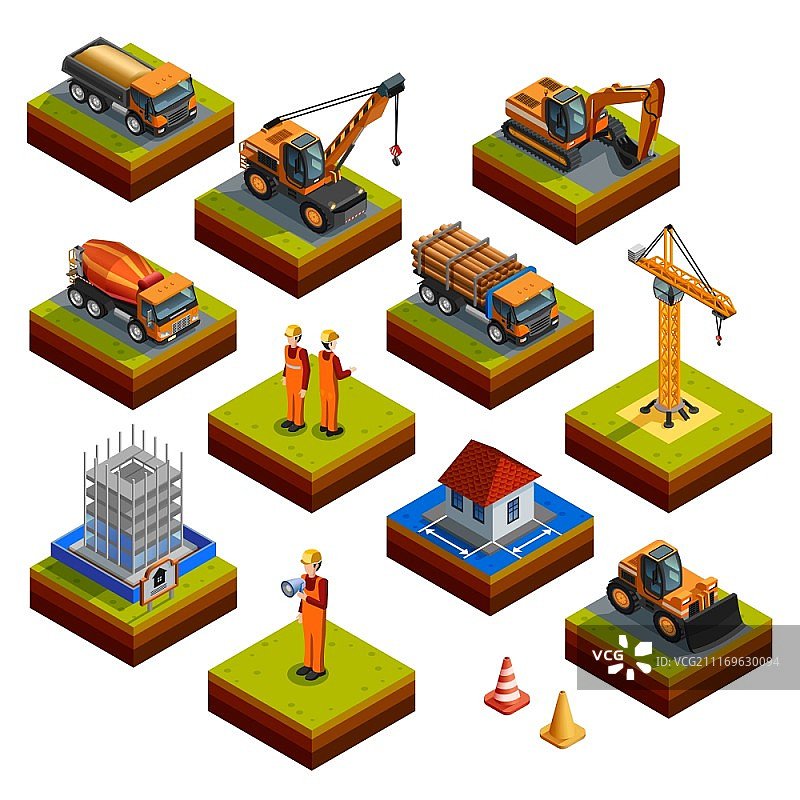 建筑等距隔离图标：包含戴头盔和制服的工人在建筑物体起重机推土机卡车混凝土搅拌机和其他车辆的建筑等距隔离图标矢量插图图片素材
