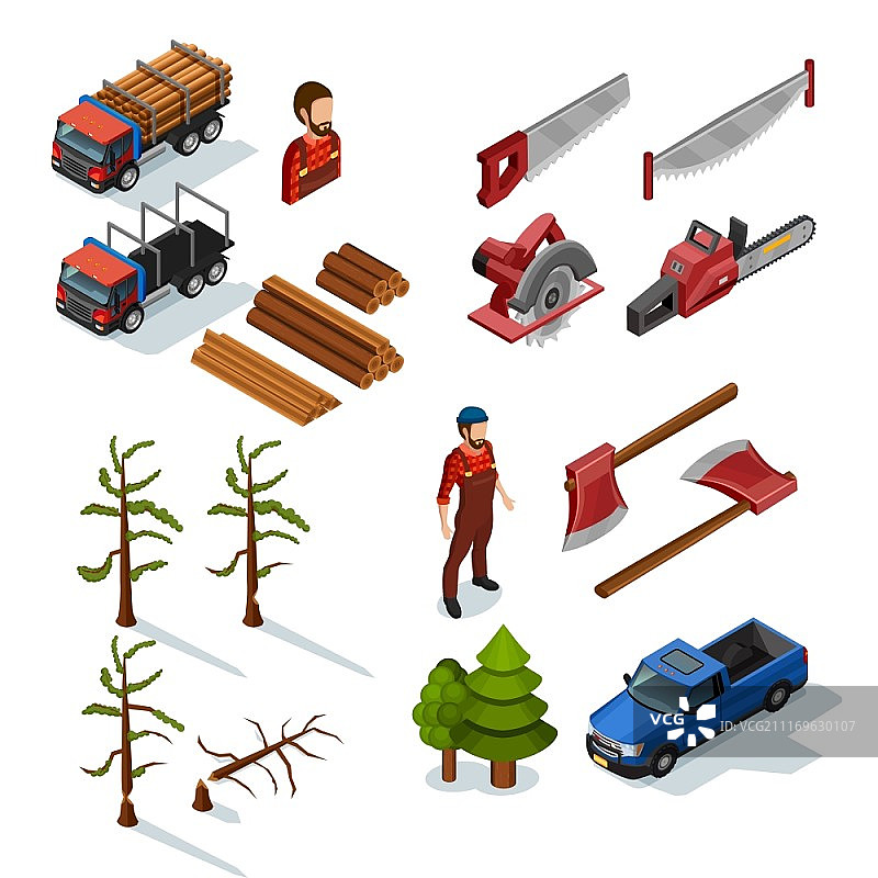 伐木工人2.5D图标集：木工工具、伐木车、穿制服的伐木工人图片素材