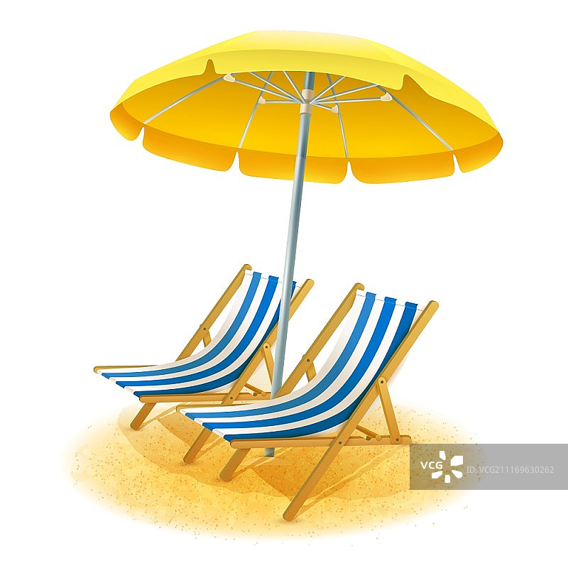 海滩度假村插画：带躺椅和阳伞的夏季海滩度假村图片素材