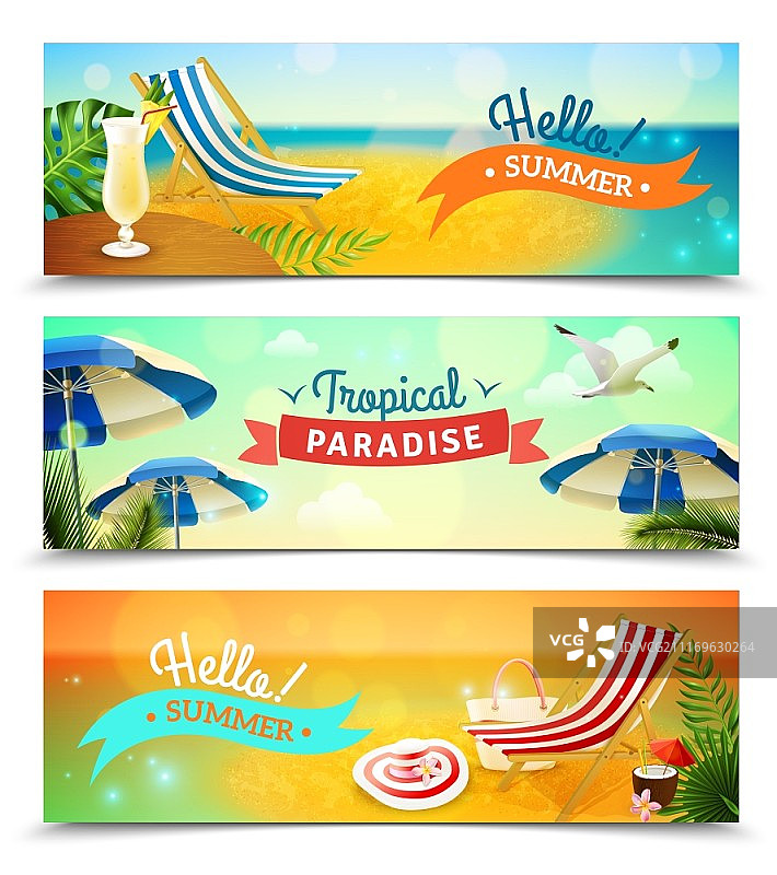 热带海滩banner套装：含躺椅和鸡尾酒的热带度假村横幅图片素材
