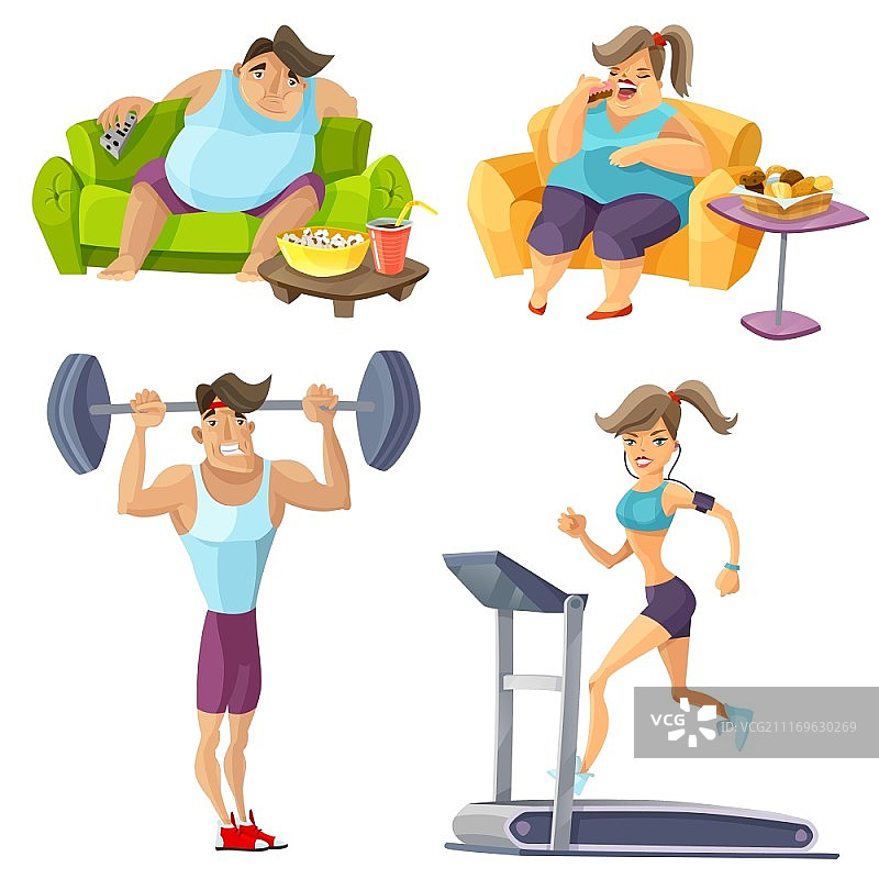 肥胖与健康卡通套餐：包含食物、健身和生活方式的矢量素材图片素材
