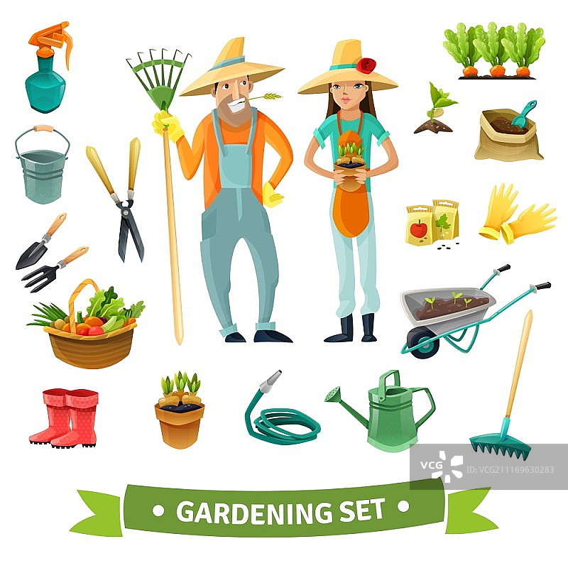 园艺卡通套装：人物采摘和设备矢量图图片素材