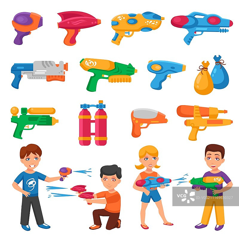 水枪套装。儿童水枪与水战符号扁平隔离矢量图图片素材