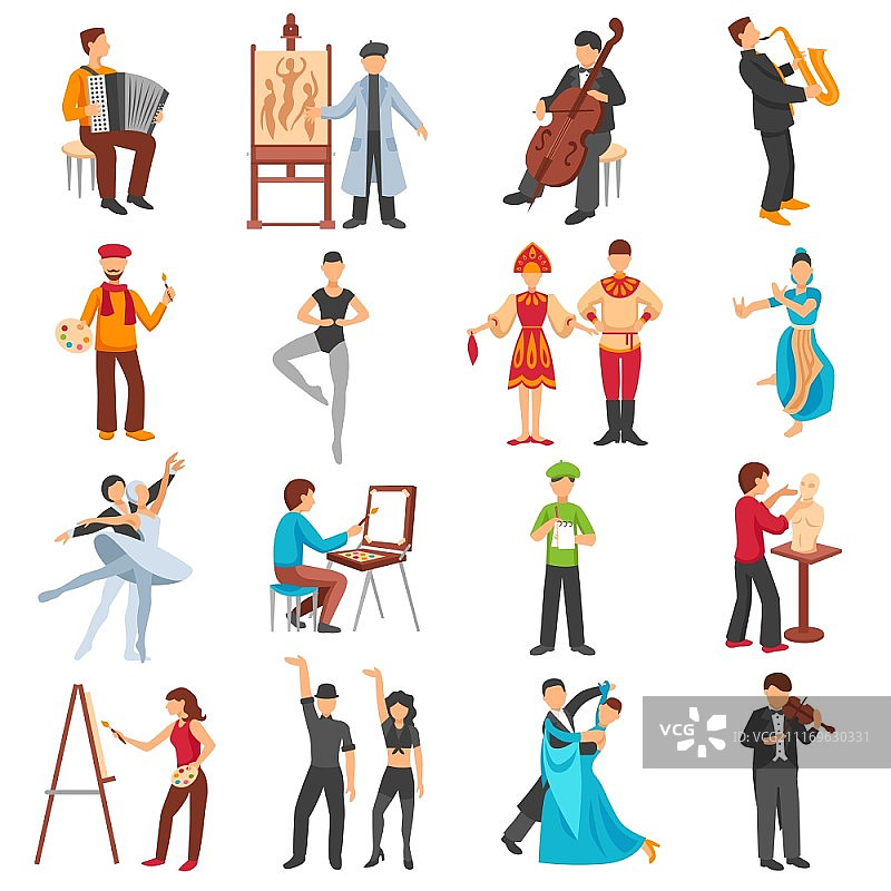 艺术家人物图标合集：音乐家、画家和舞者图片素材