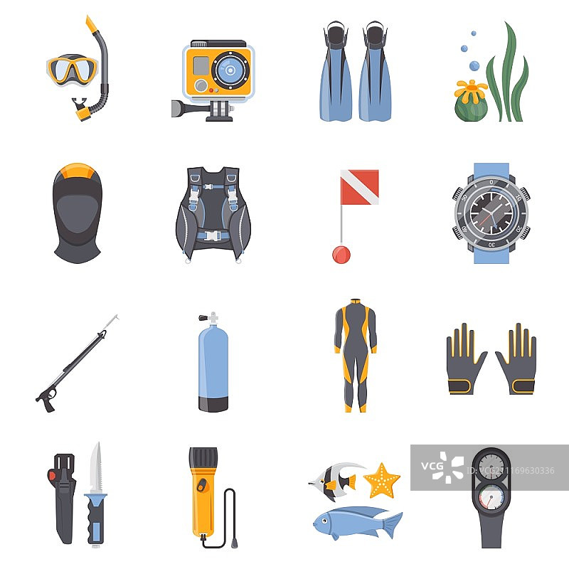 潜水和浮潜扁平装饰图标：全套水肺潜水装备矢量图图片素材