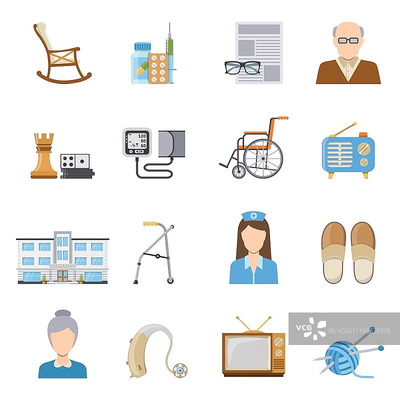 疗养院老年护理图标：轮椅、拐杖、血压计、药物等元素图片素材