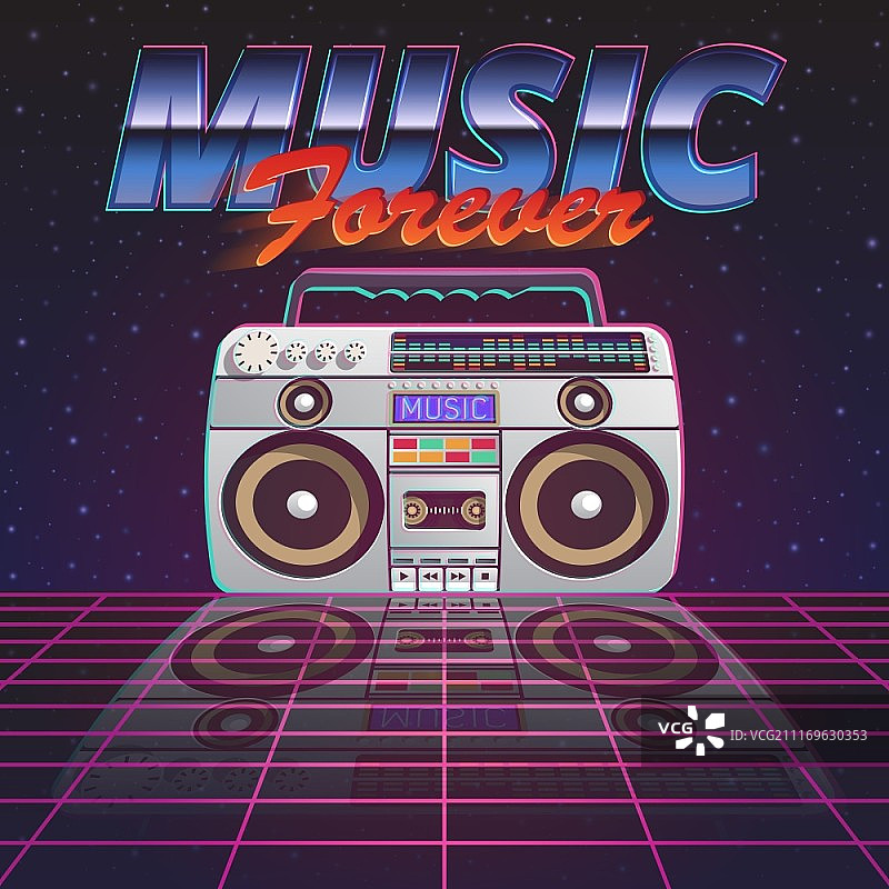 音乐永恒海报：复古录音机与星空背景矢量插画图片素材