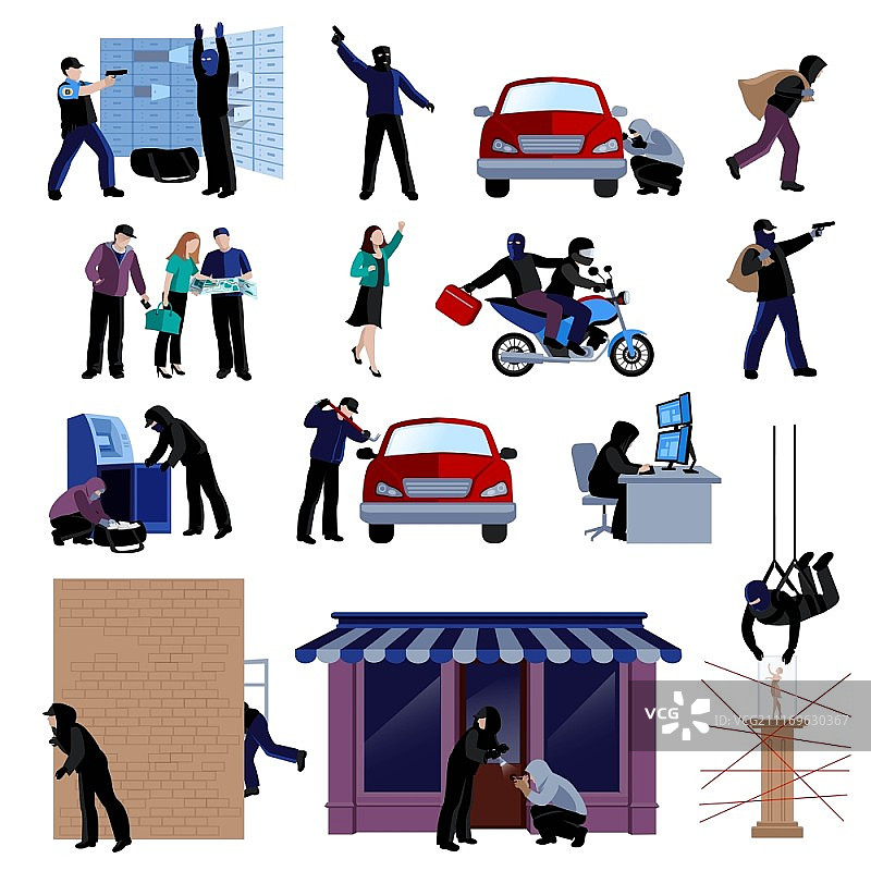 入室盗窃平面图标集。武装窃贼犯罪图片素材