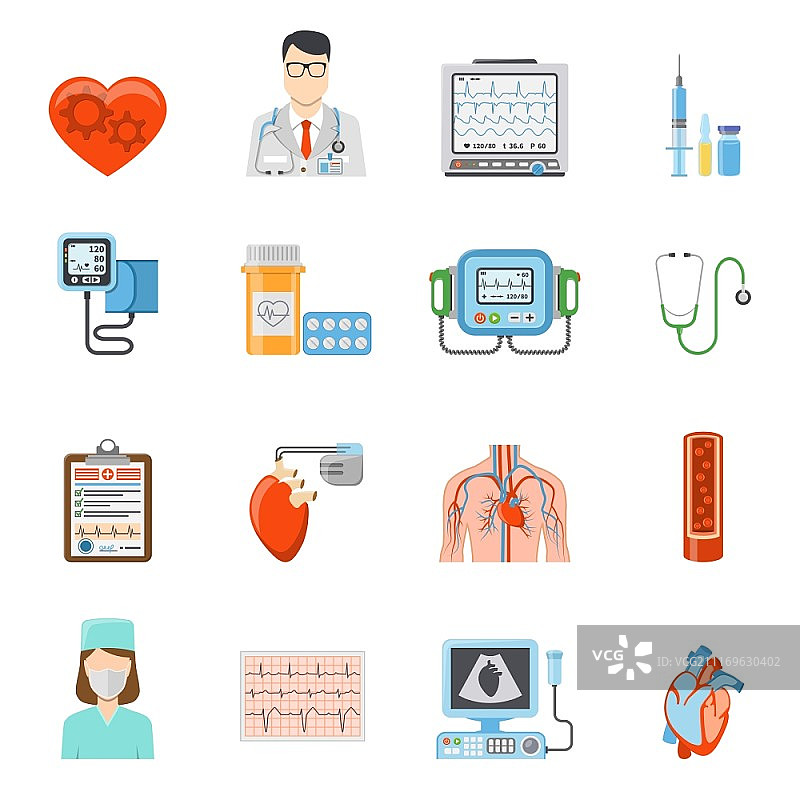 心脏病学扁平图标集：医疗工具和设备的心脏护理图片素材