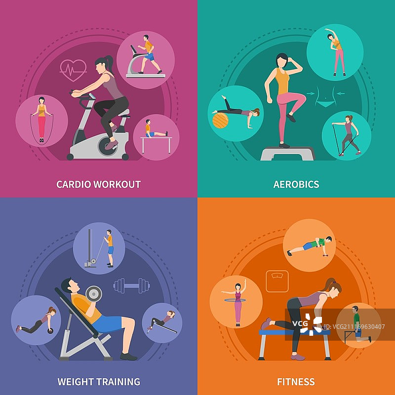 健身房训练2x2图标集。不同类型的健身训练有氧健身操和重量训练2x2扁平图标集隔离矢量插图图片素材