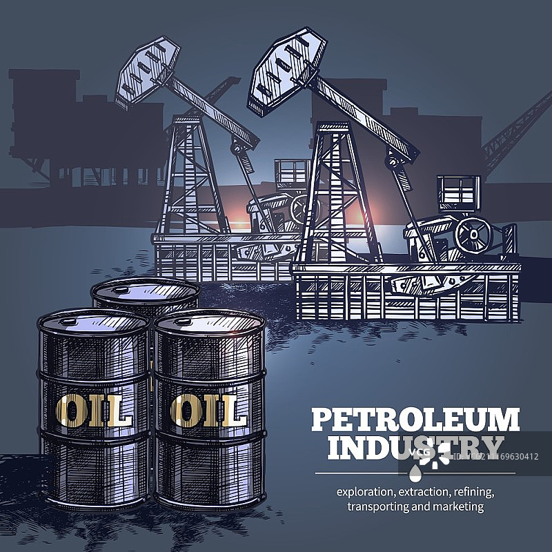 石油工业背景：手绘石油桶和石油平台剪影图片素材