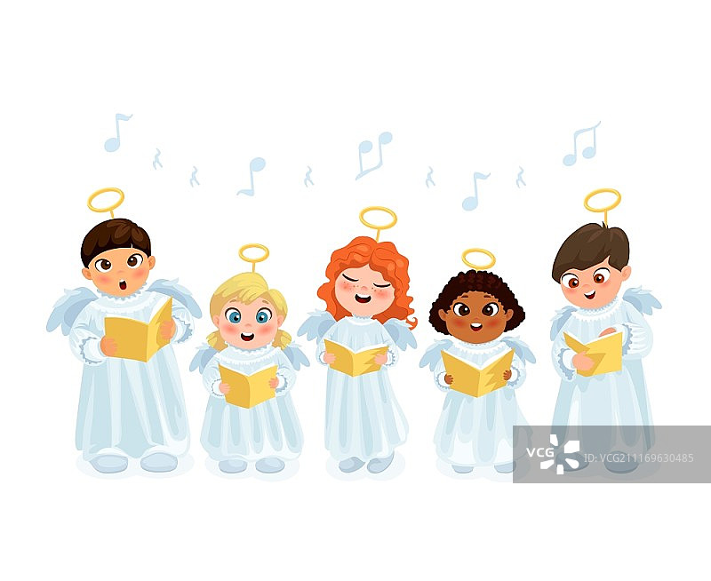 圣诞颂歌儿童套装：天使服装儿童演唱圣诞颂歌扁平矢量插画图片素材