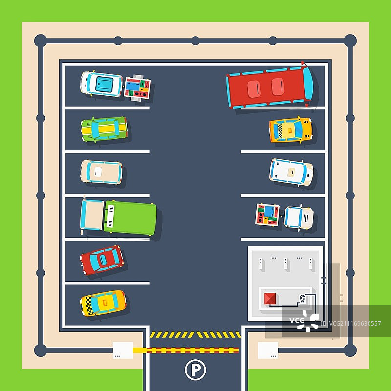 停车场俯视图海报：封闭停车场区域，包含屏障管理建筑和不同车辆的俯视扁平矢量图图片素材