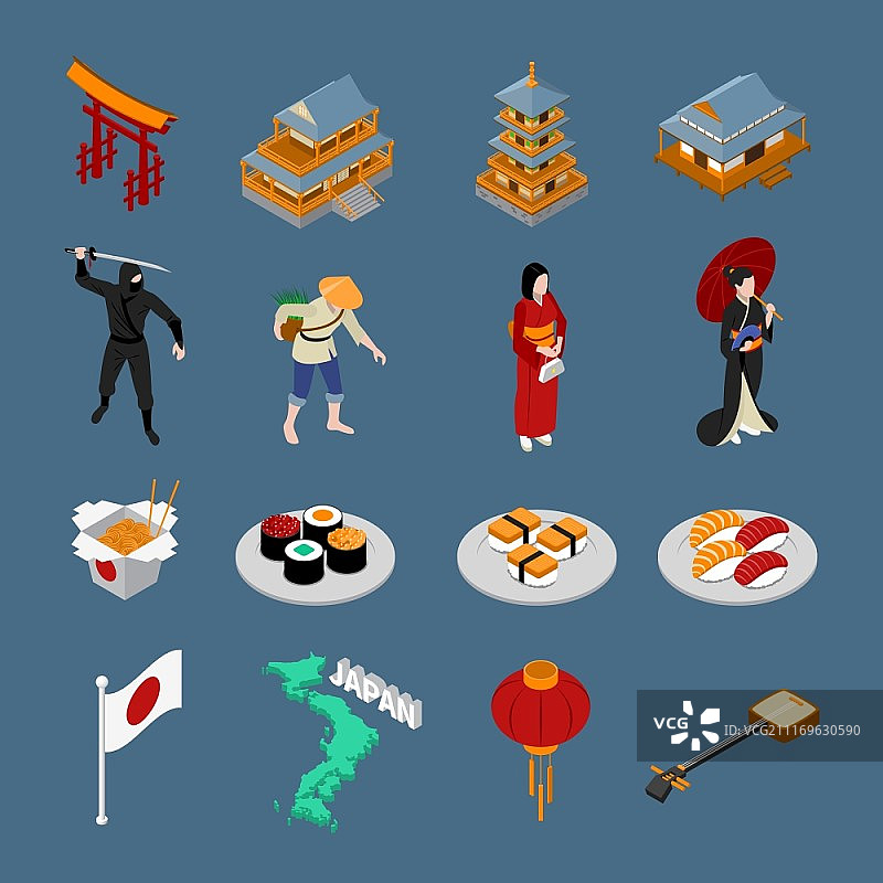 日本2.5D旅游景点合集。包含日本传统建筑、人物、食物、地图和旗帜的2.5D日本旅游景点素材，深色背景矢量图图片素材