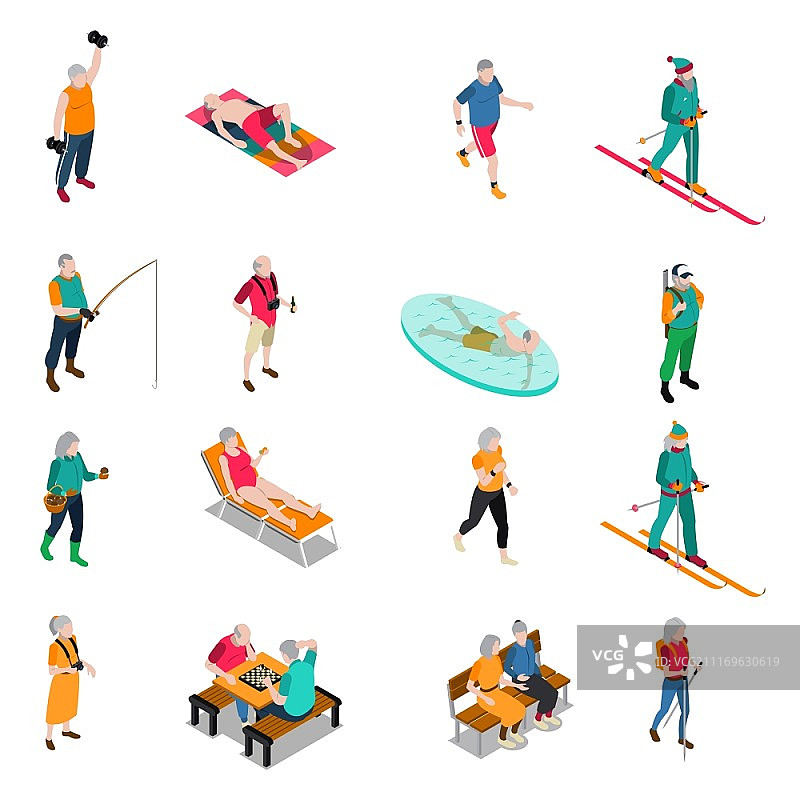 老年人2.5D图标集。在白色背景矢量图上隔离的，过着积极生活的老年男女2.5D图标集图片素材