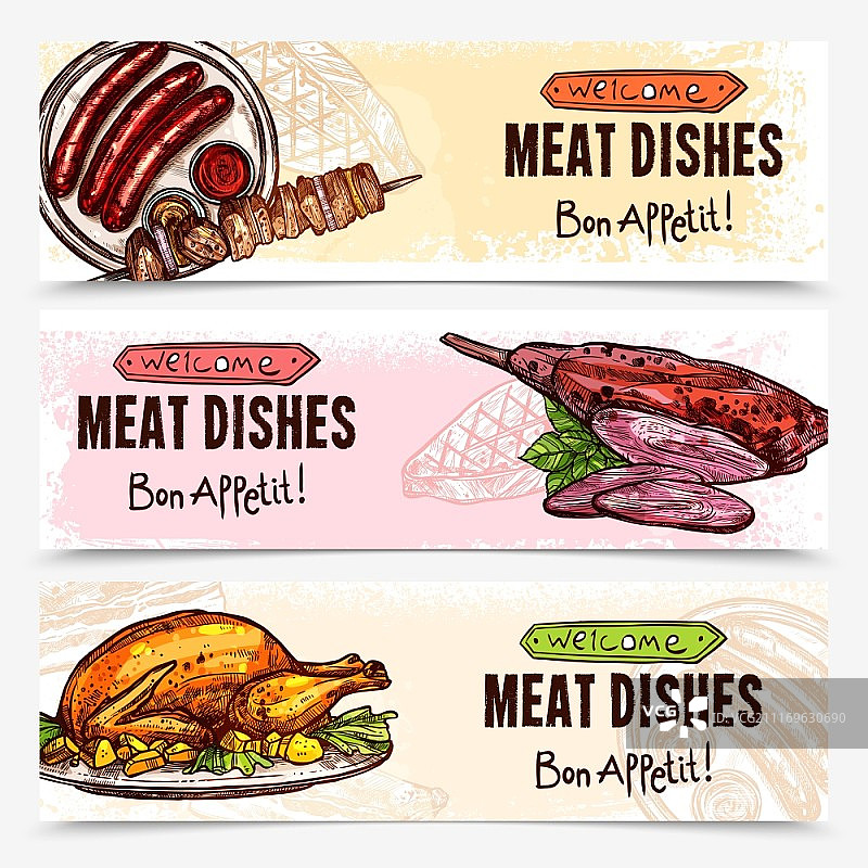 手绘肉类横幅：包含烤鸡肉、烧烤香肠等菜肴的插图图片素材