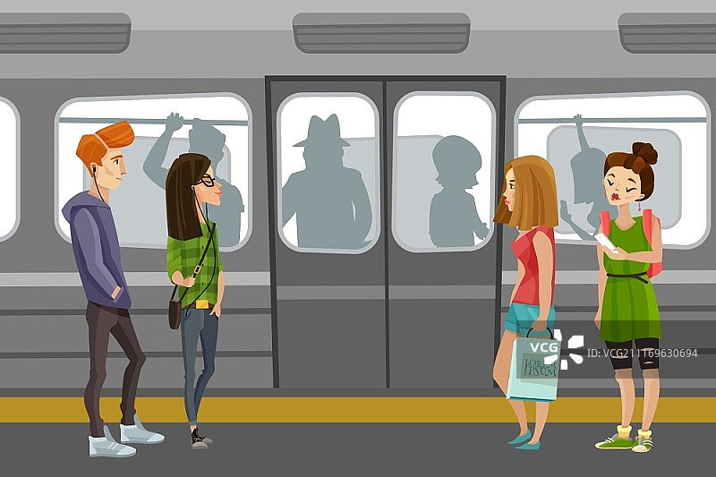 地铁人群背景：带有地铁列车和平坦矢量通勤者的地铁人群背景图片素材