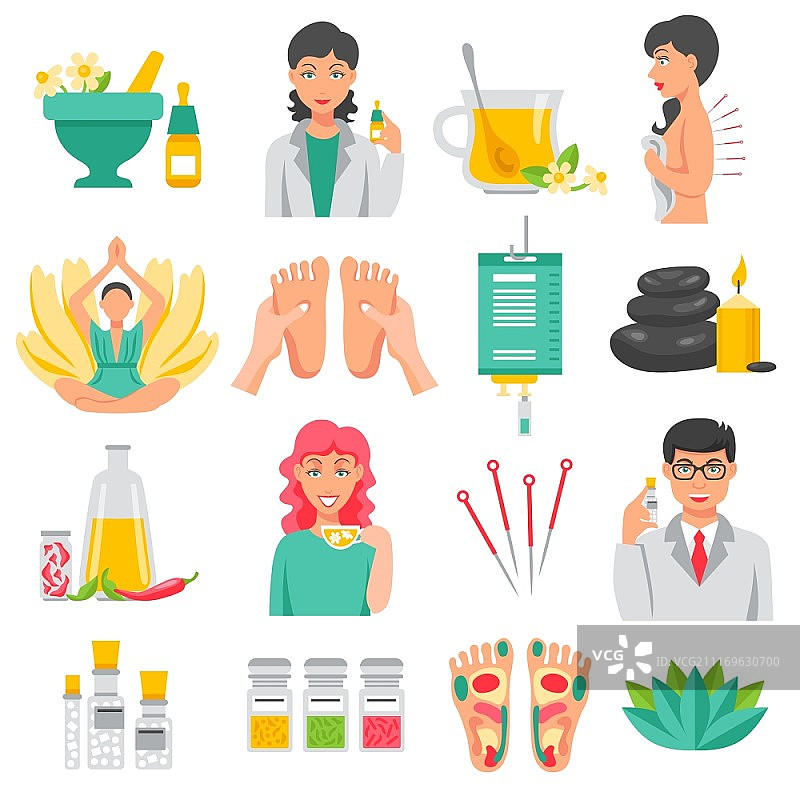 替代医学图标：足部按摩、莲花、针灸、芳香疗法等图片素材