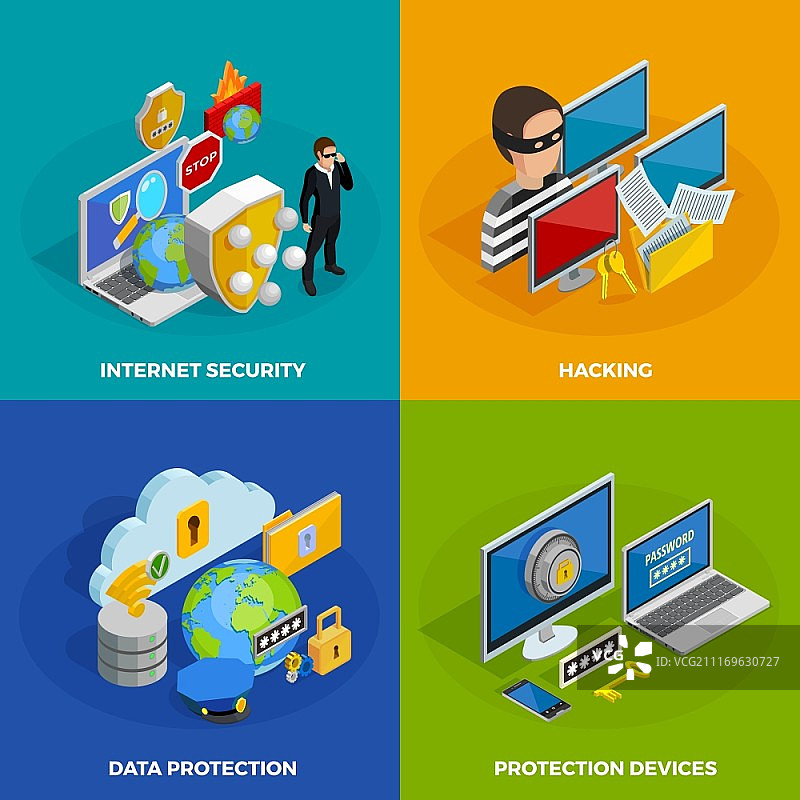 数据保护概念图标集：包含黑客符号的等距隔离矢量图图片素材