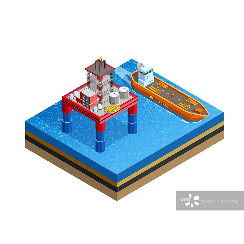 石油工业海上平台2.5D图像。用于从海床钻探和油轮运输的近海生产平台钻井平台2.5D图标白色背景矢量图图片素材