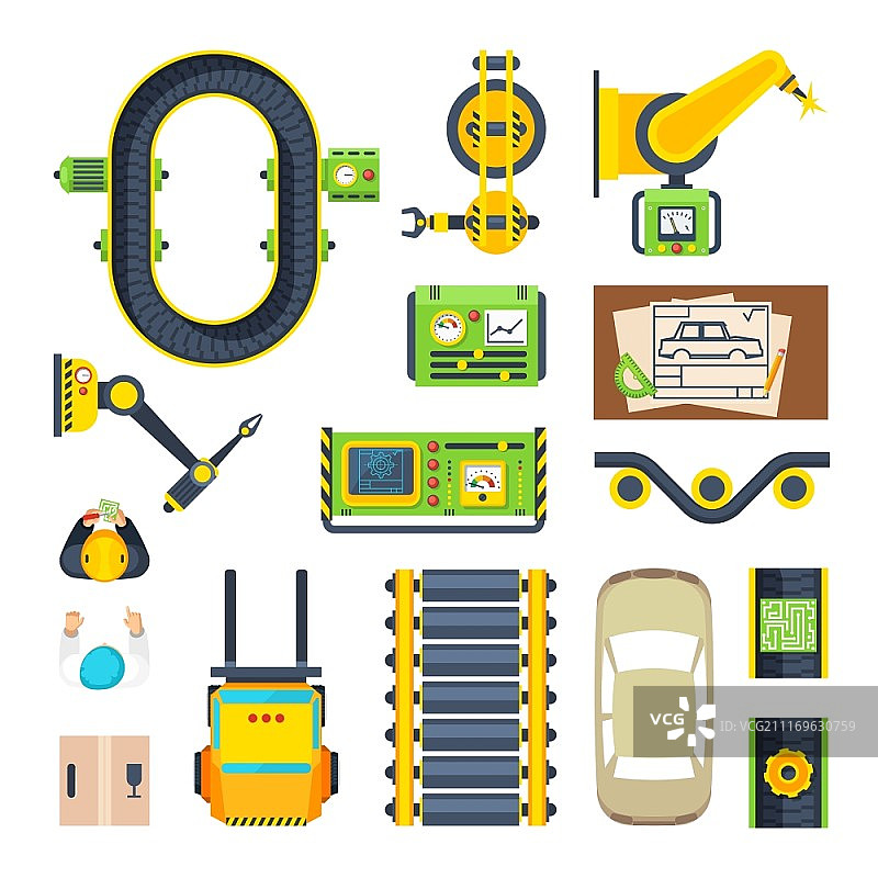 汽车生产线元素图标集：从传送带引擎到备件的扁平图标矢量图图片素材