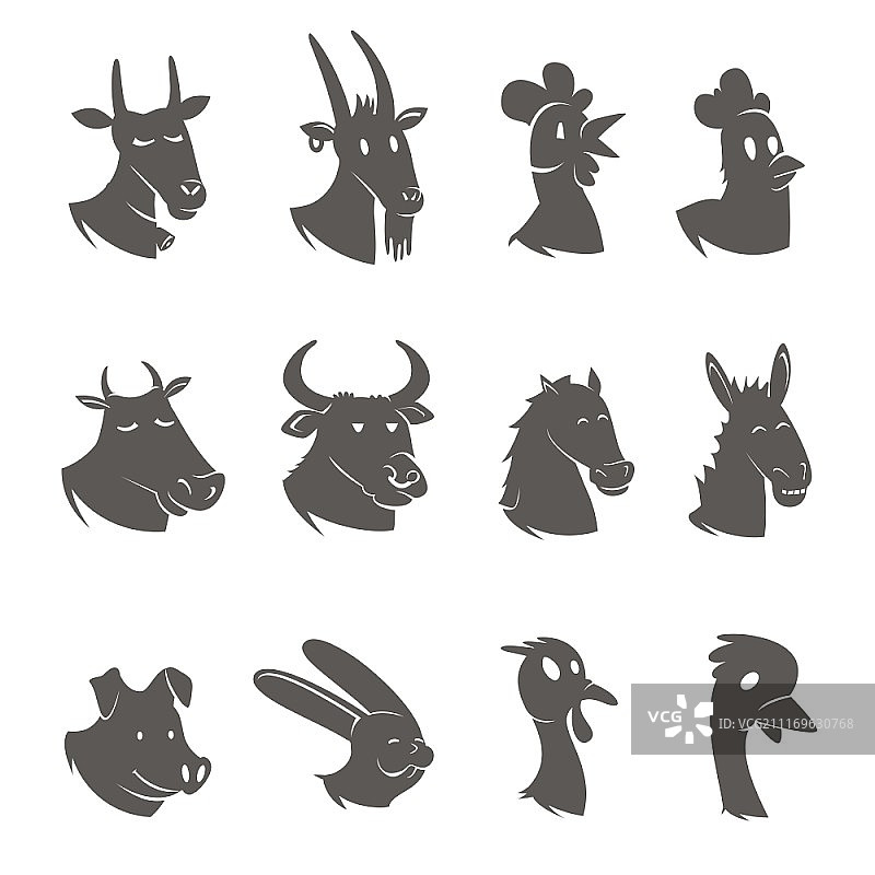 农场动物头像黑色图标集。带有公鸡母鸡种马的农场动物头像黑色图标集抽象孤立矢量图图片素材