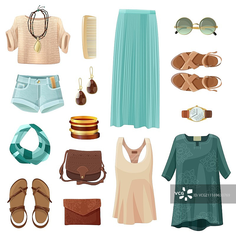 时尚女性配饰套装：夏季服饰与鞋子（粉彩色，白色背景扁平化矢量插画）图片素材