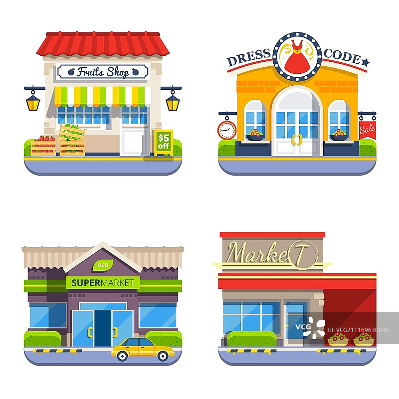 扁平彩色商店图标集：超市服装店图片素材