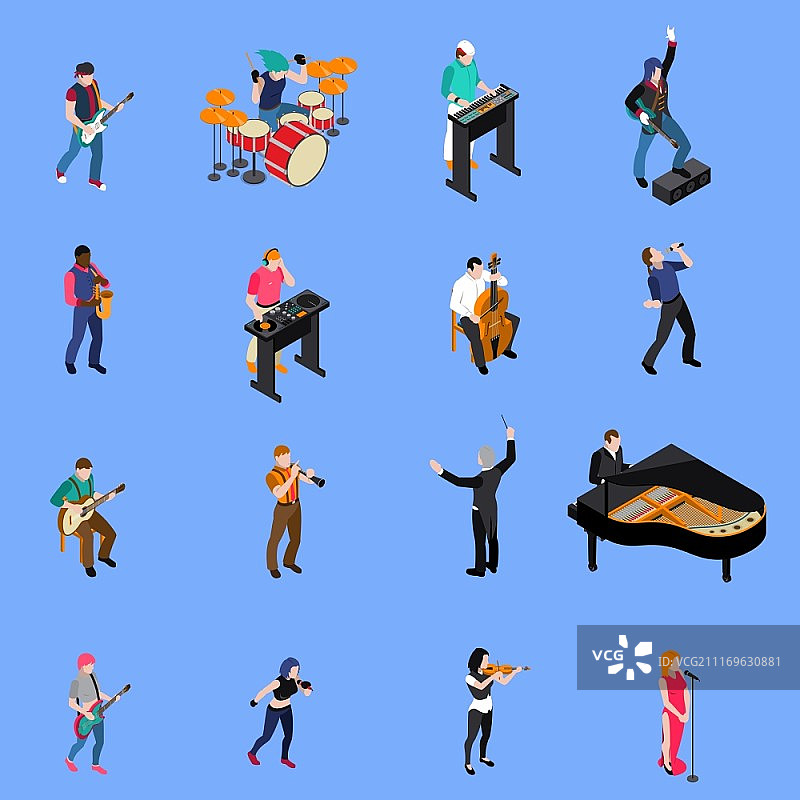 音乐家等距图标集：人们唱歌和演奏各种乐器的等距图标集，蓝色背景矢量图图片素材