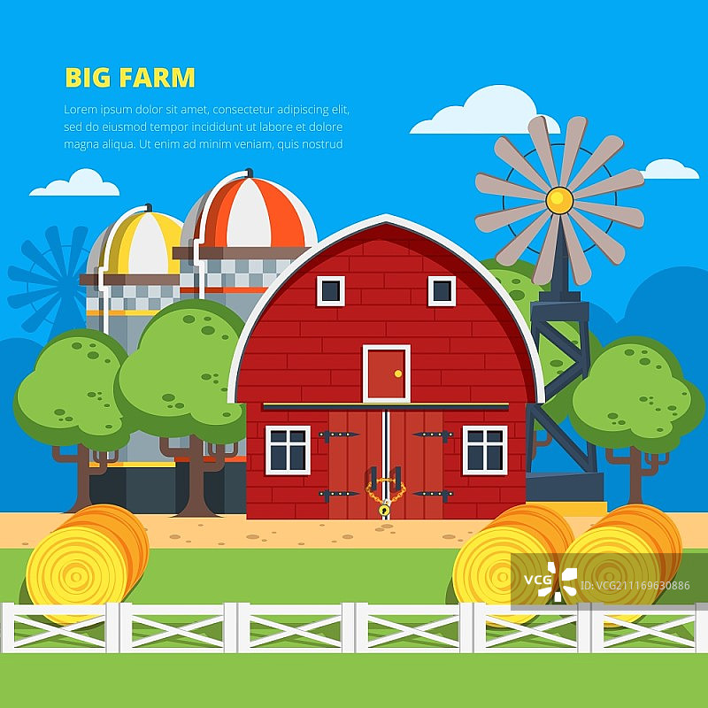 大型农场扁平化构图。木制村舍，干草堆，电梯风力涡轮机矢量插图图片素材