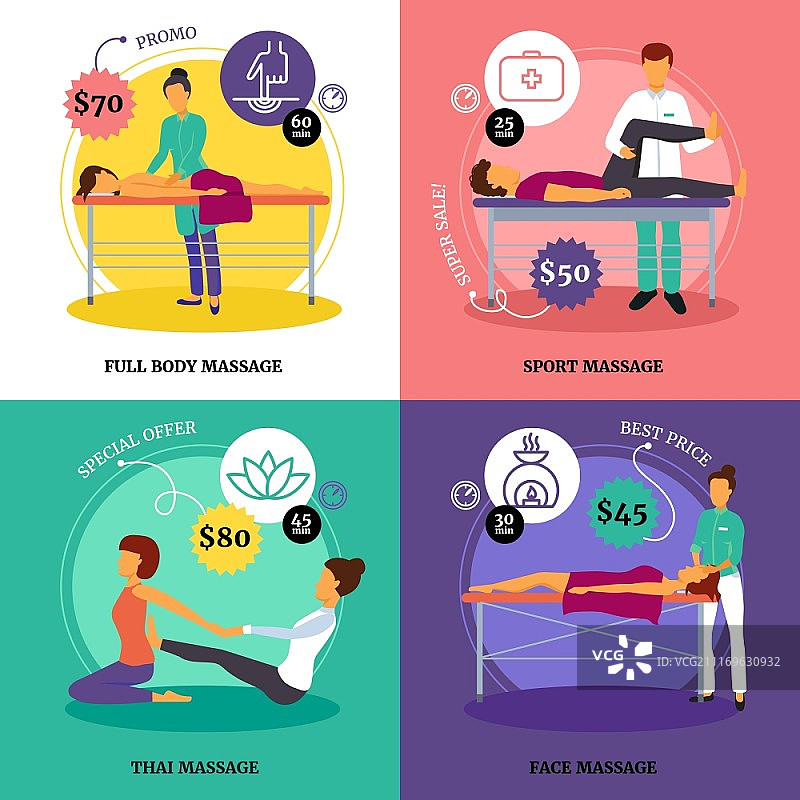 按摩概念图标集：包含全身和运动按摩符号的健康概念矢量图图片素材