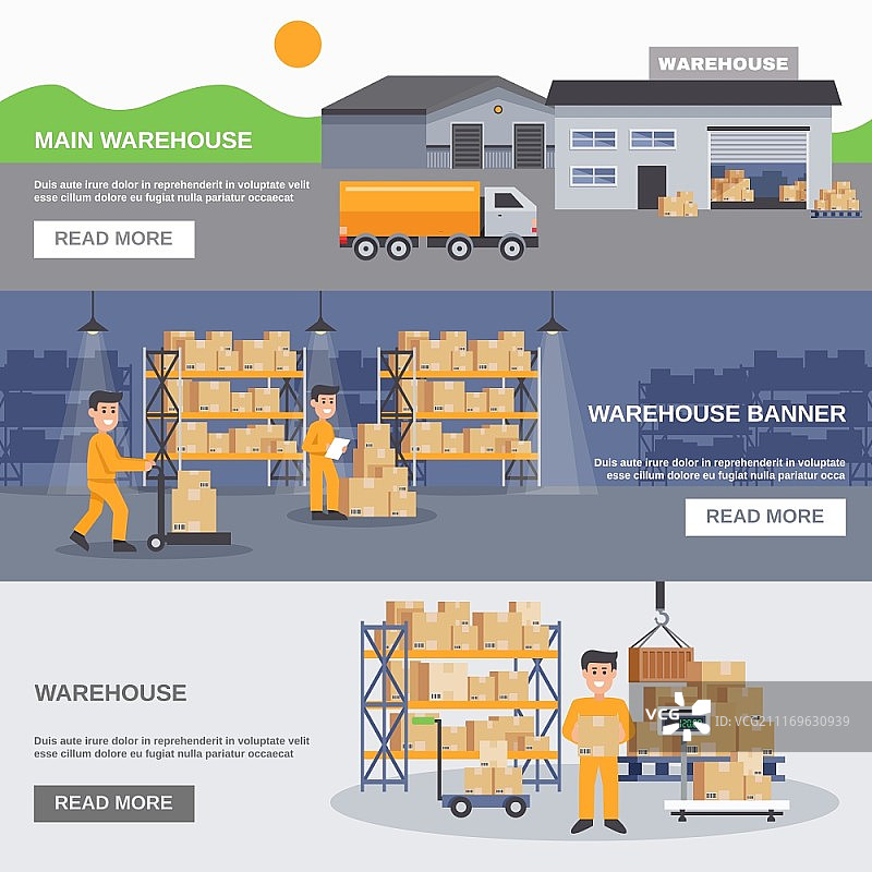 仓库内外横幅：包含工人、卡车和货物的扁平矢量插画图片素材