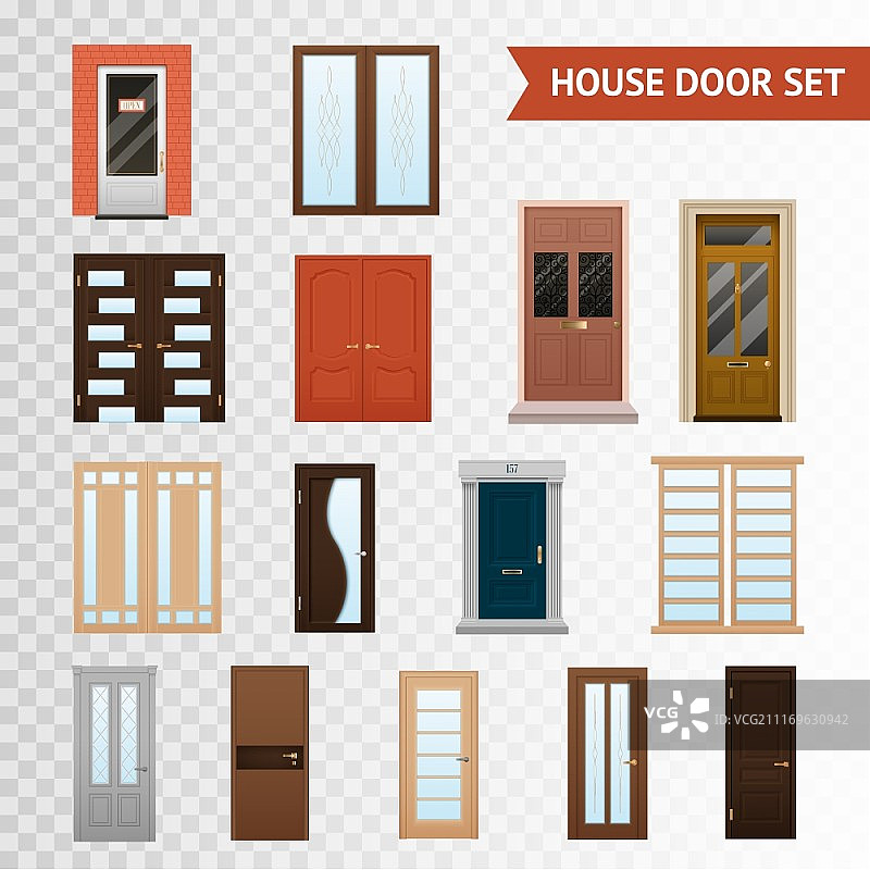 房屋门透明合集：各种材质双开和单开前门的扁平设计，矢量素材，透明背景图片素材