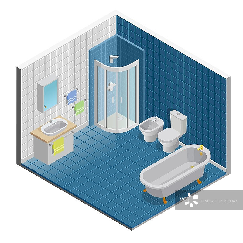 浴室室内设计。浴室室内等距设计，带淋浴镜和毛巾矢量图图片素材