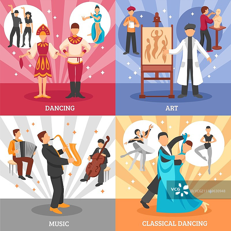 艺术家人物概念图标集：包含舞蹈和音乐符号的扁平矢量插图图片素材