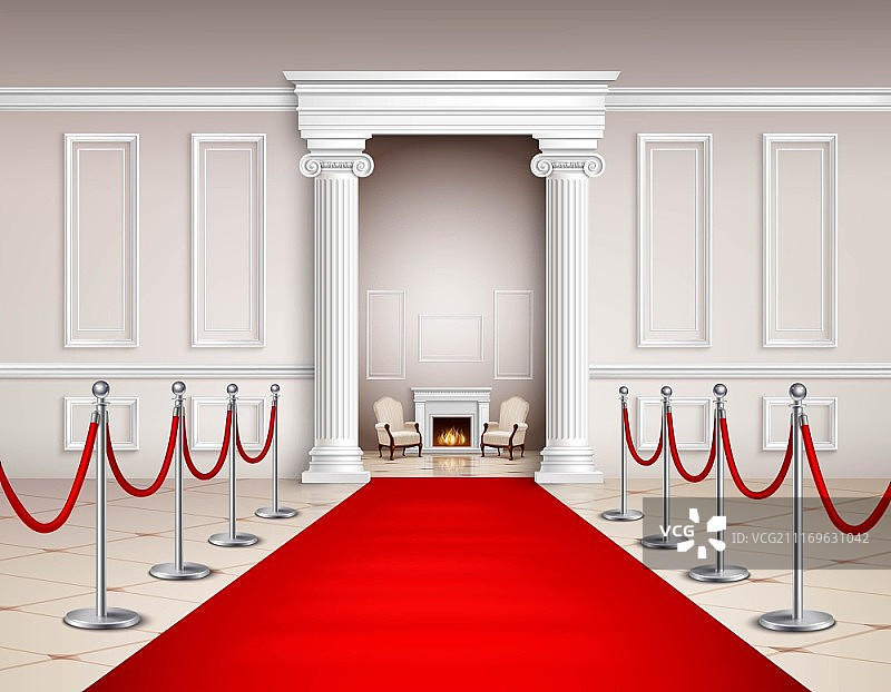红色地毯内饰：维多利亚风格大厅，配红色地毯、银色屏障、扶手椅和壁炉图片素材