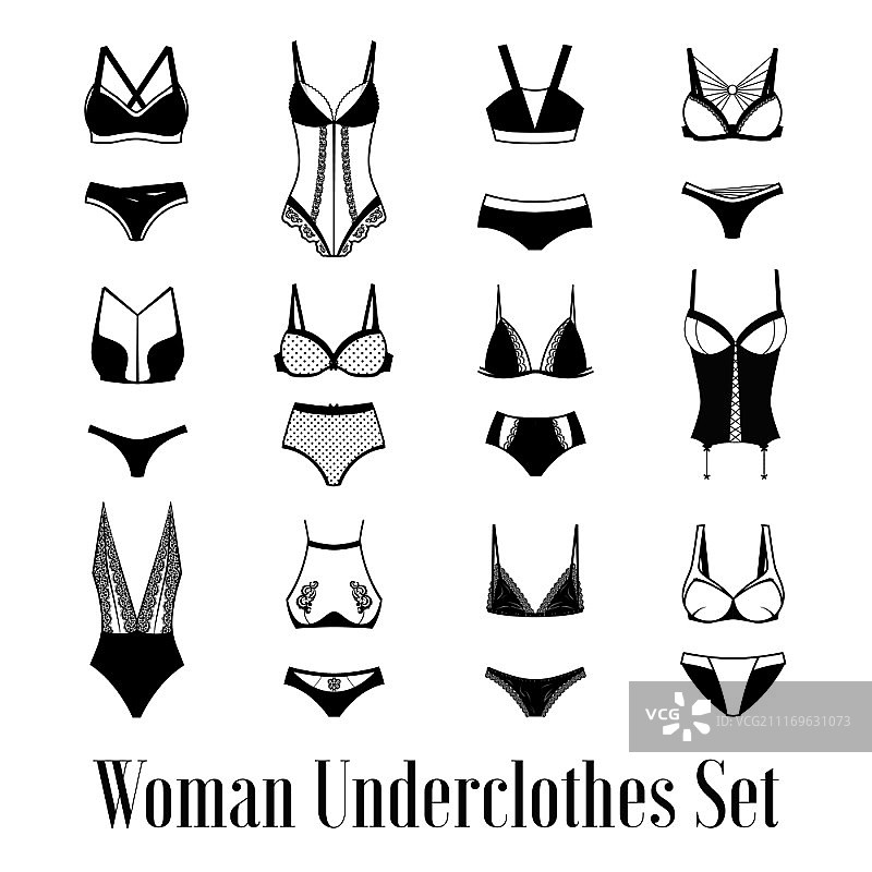 女人内衣图像集。平面图像集不同的女人内衣从比基尼到紧身衣黑色和白色孤立矢量插图图片素材