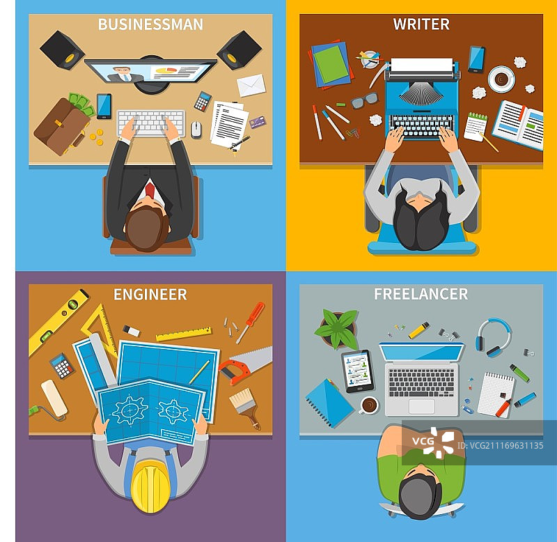 各行业俯视2x2设计理念：商务人士、作家、工程师和自由职业者的工作场所扁平矢量图图片素材