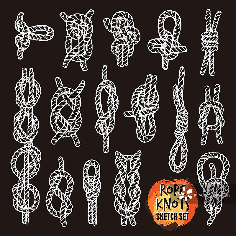 绳结合集：素描风格的各种弯曲和蝴蝶结绳结图片素材