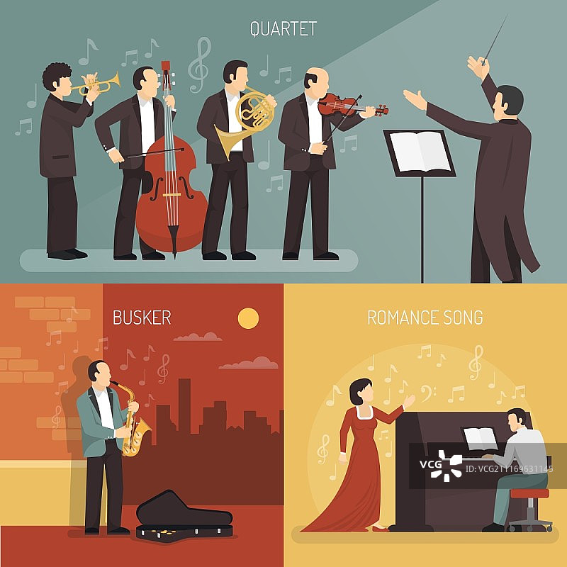 音乐人设计概念集：四重奏、街头艺人和情歌音乐人组合图片素材