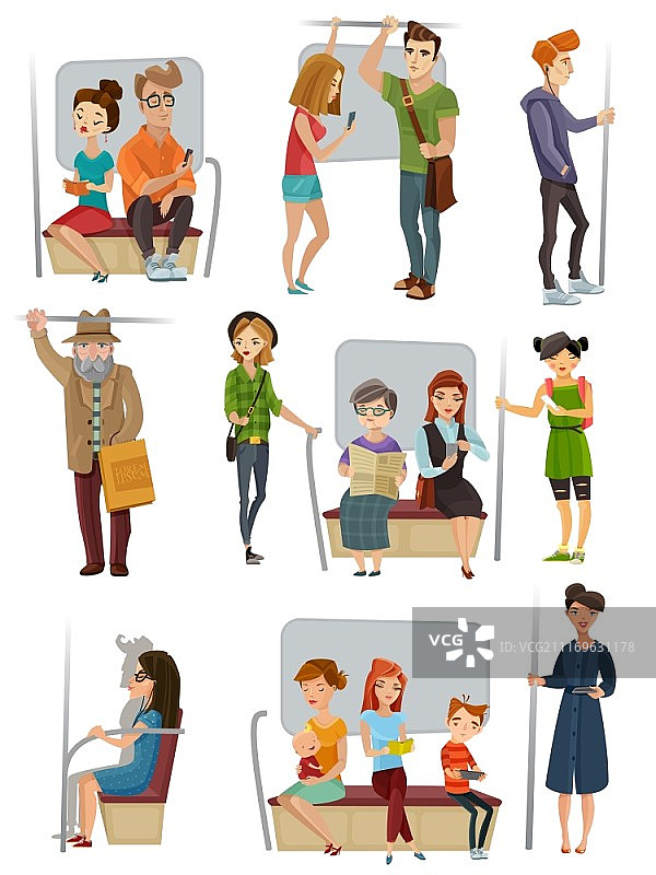 地铁人物合集：包含男女和儿童的扁平矢量图片素材
