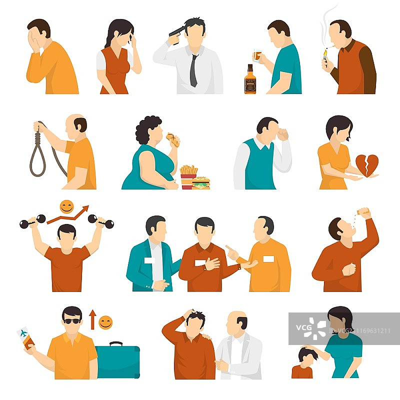 精神障碍抑郁症扁平图标合集：临床抑郁症和精神障碍警告标志症状治疗和预防扁平图标合集，独立矢量图图片素材