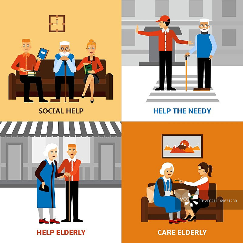 志愿者关爱设计理念：年轻人帮助老年人提供医疗和社会关怀图片素材