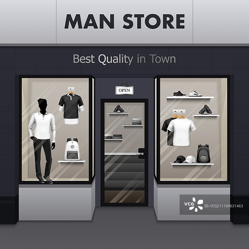男士运动服装店逼真街景。男士运动服和户外运动最佳品质时尚服装店橱窗展示街景矢量插画图片素材