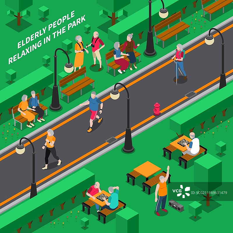 老年人等距组合：老年人在绿色公园放松身心的等距矢量图图片素材