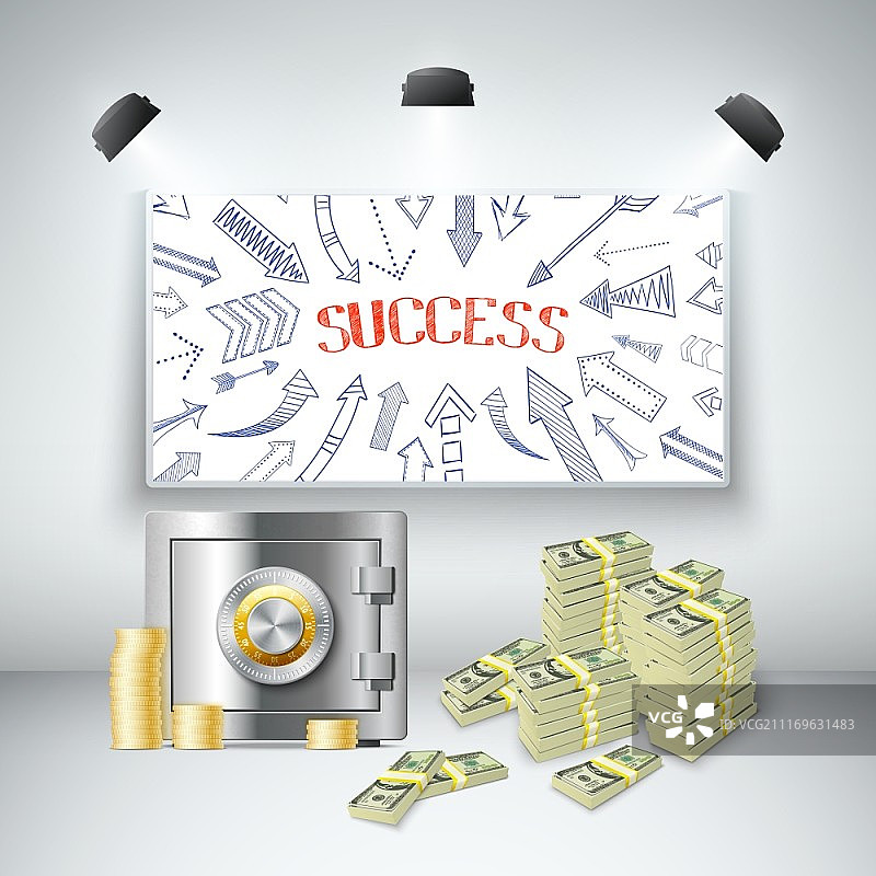 财富写实模板。财富写实模板，包括金属封闭的保险箱、美元纸币、金币、黑板聚光灯，独立矢量图图片素材